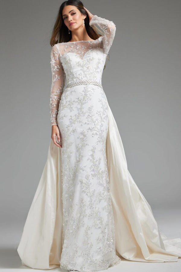 Jovani JB07376 Beaded Long Sleeve Overskirt Wedding Dress