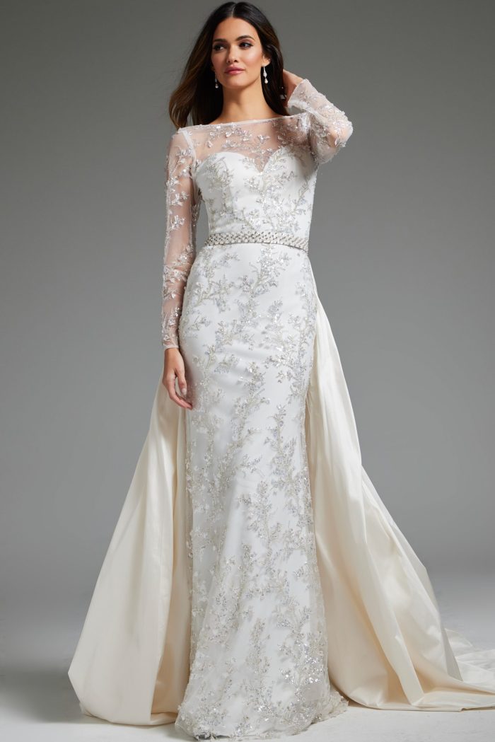 Jovani JB07376 Beaded Long Sleeve Overskirt Wedding Dress