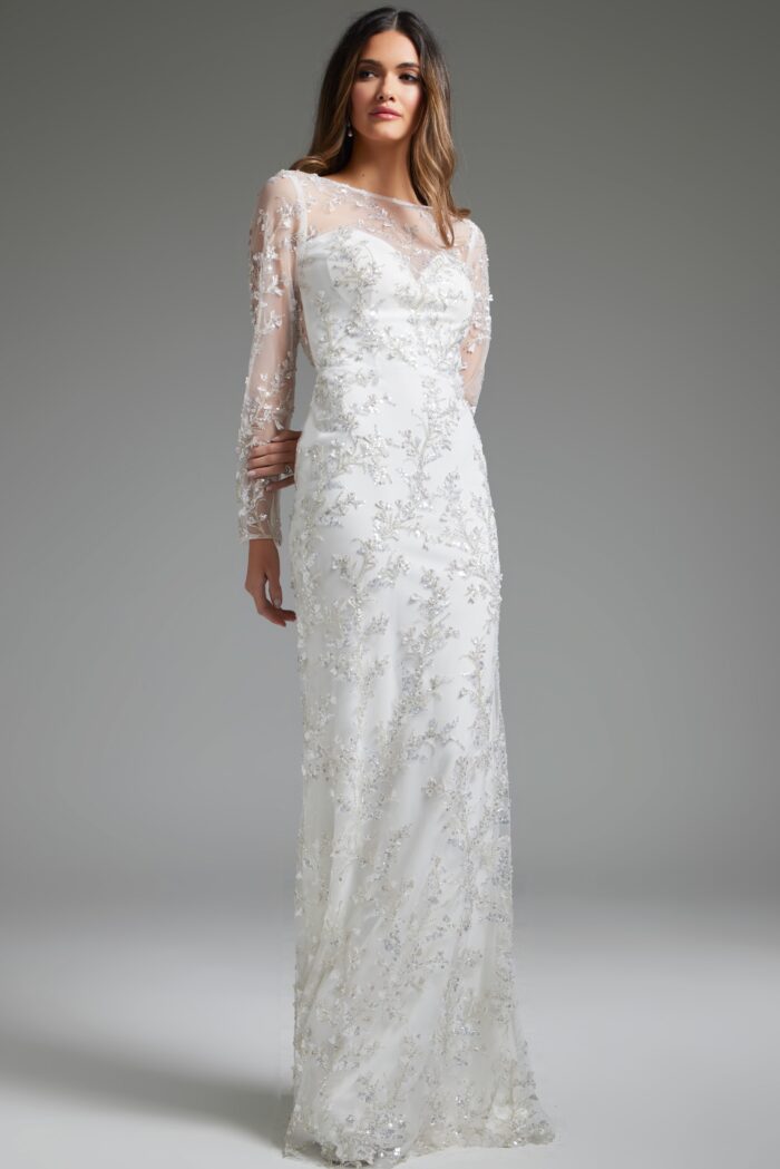 Jovani JB07376 Beaded Long Sleeve Overskirt Wedding Dress