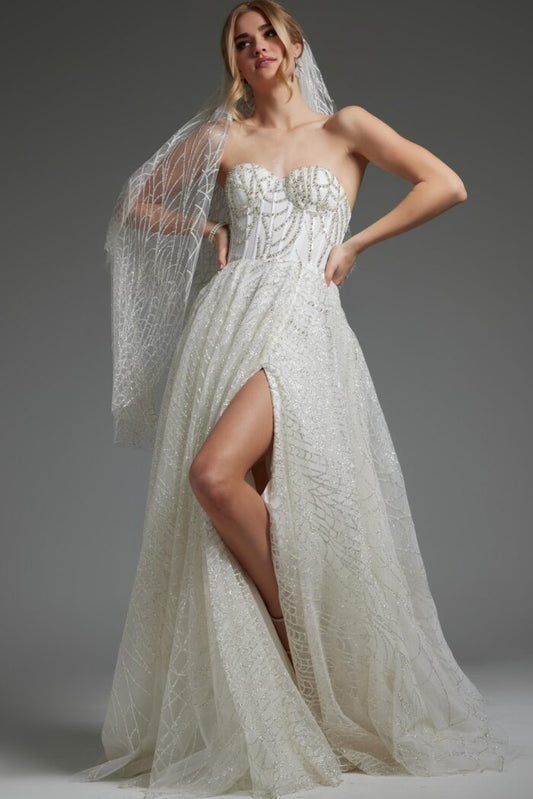 Wedding Dresses A Line Long Slit Beaded Wedding Dress Ivory/Silver