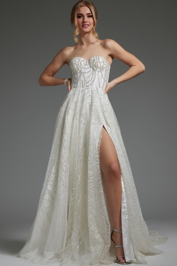 Wedding Dresses A Line Long Slit Beaded Wedding Dress Ivory/Silver