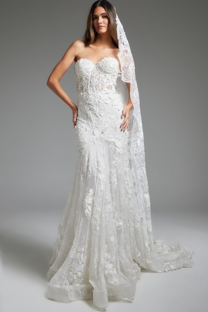 Jovani JB07583 Mermaid Long Bridal Corset Lace Wedding Dress - Off-White / 00 Jovani JB07583 Mermaid Long Bridal Corset Lace Wedding Dress - Off-White / 00