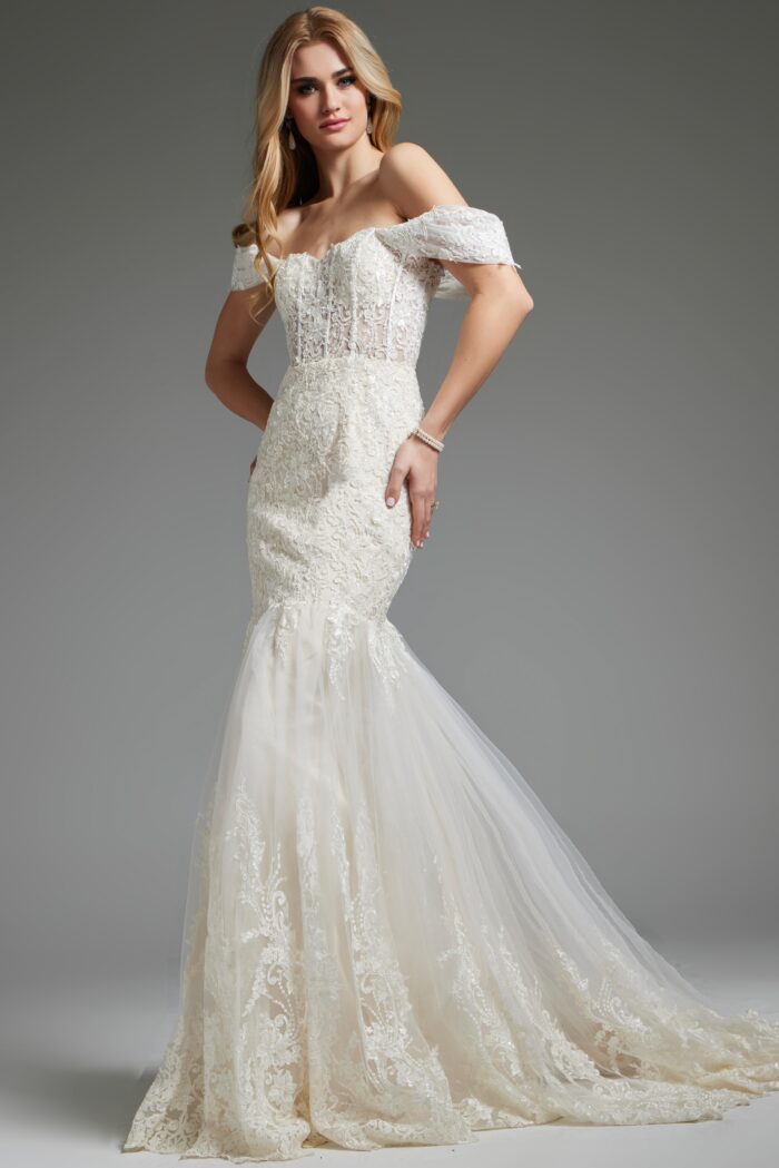 Jovani JB220003 Ruffle Gown Long Mermaid Wedding Dress