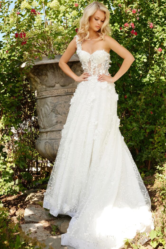 Jovani JB23918 Ruffle Long A Line Pleated Wedding Dress