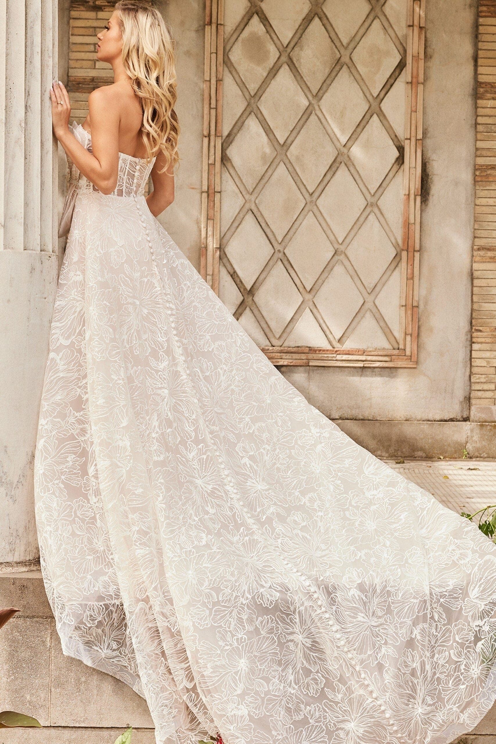Wedding Dresses Long Beaded Bodice Bow Accent Wedding Dress Ivory