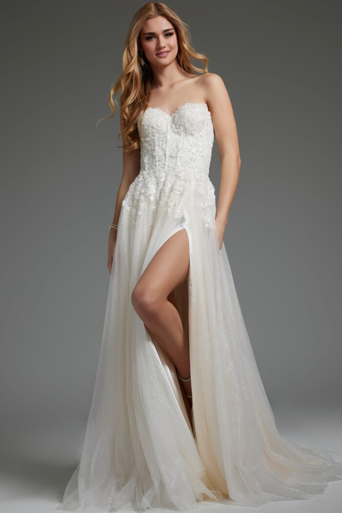 Jovani JB25730 Long Beaded High Slit Bridal Wedding Dress The Dress Outlet Jovani JB25730 Long Beaded High Slit Bridal Wedding Dress The Dress Outlet