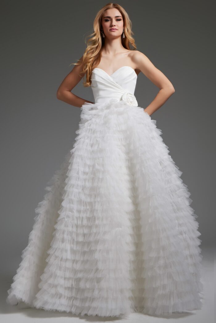 Jovani JB38958 Long Pleated A Line Ruffle Wedding Dress