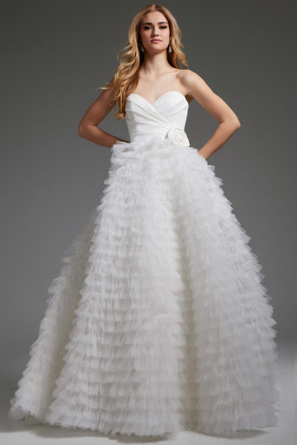 Jovani JB38958 Long Pleated A Line Ruffle Wedding Dress