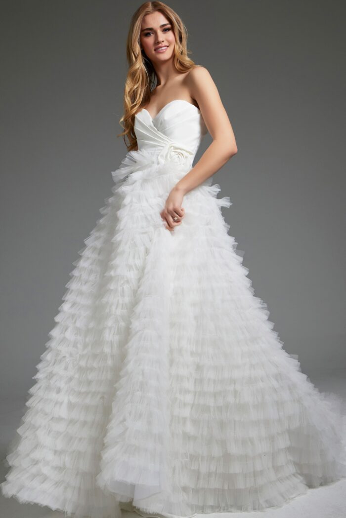 Jovani JB38958 Long Pleated A Line Ruffle Wedding Dress