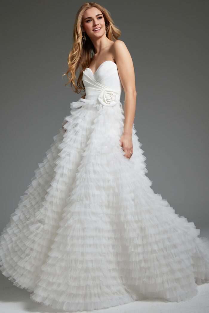 Jovani JB38958 Long Pleated A Line Ruffle Wedding Dress