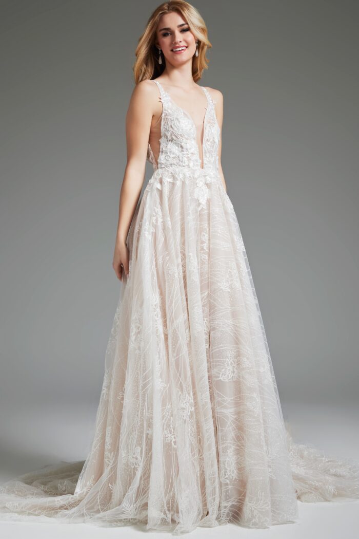 Jovani 39435 Long A Line Beaded Wedding Dress