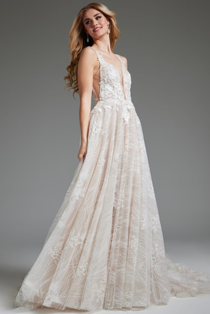 Jovani 39435 Long A Line Beaded Wedding Dress