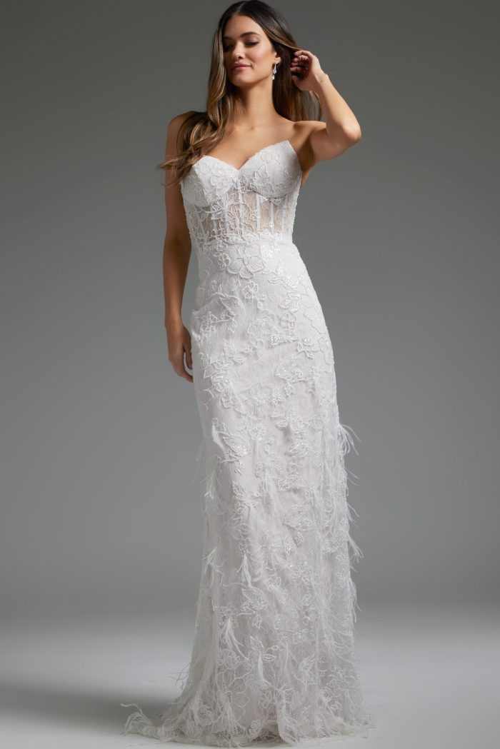 Jovani JB40590 Lace Bridal Gown Long Beaded Fit Wedding Dress - Off-White / 12 Jovani JB40590 Lace Bridal Gown Long Beaded Fit Wedding Dress - Off-White / 12