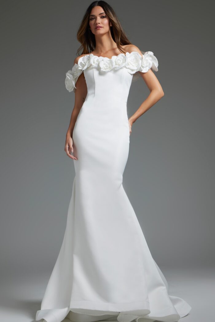 Jovani JB40594 Bridal Gown Long mermaid Rosette Wedding Dress - Off-White / 16 Jovani JB40594 Bridal Gown Long mermaid Rosette Wedding Dress - Off-White / 16