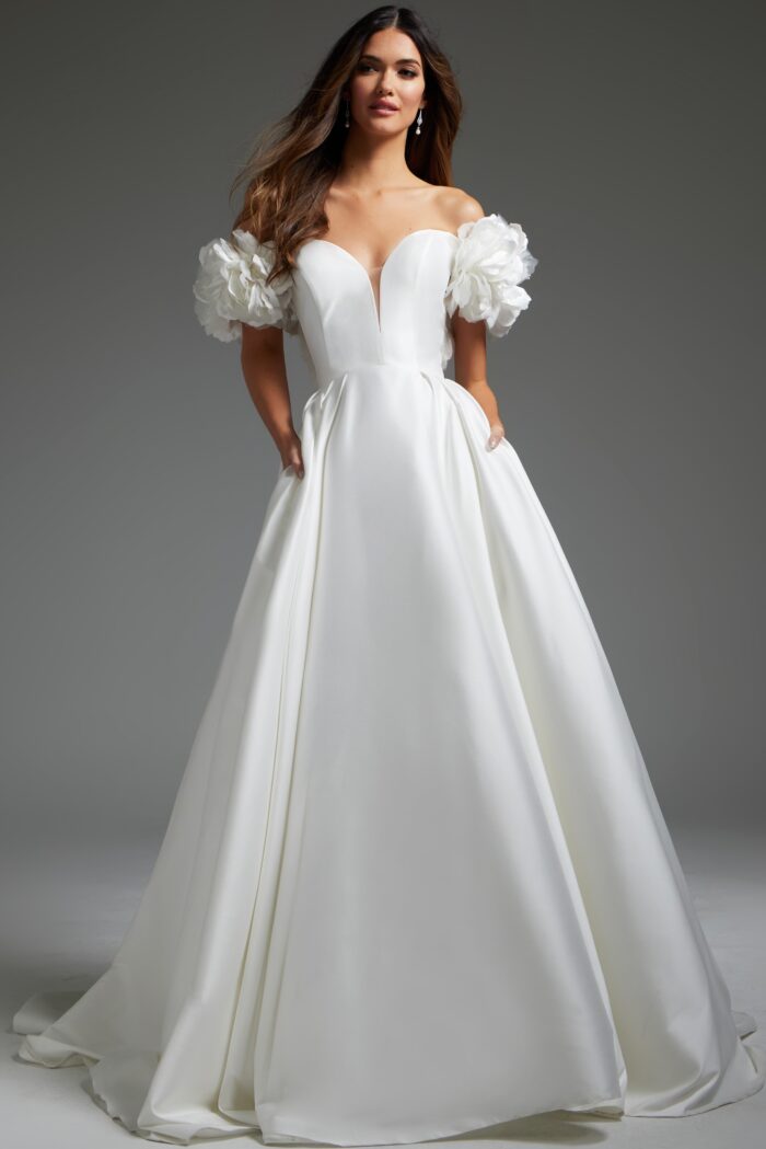 Jovani JB40795 Long Ruffle Pleated Wedding Dress