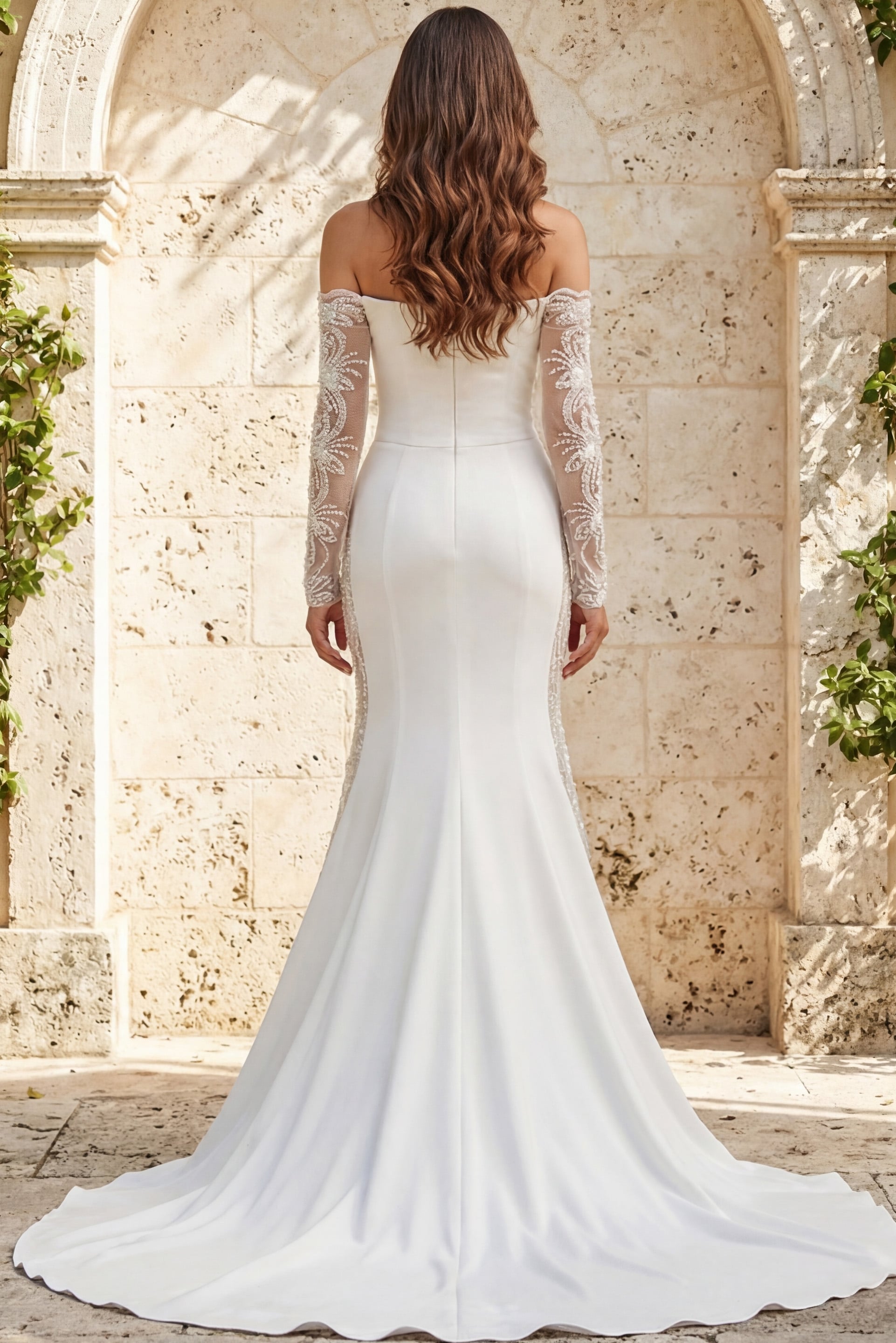 Off-the-Shoulder Floor-Length Crepe Wedding Mermaid Gown Jovani JB41163