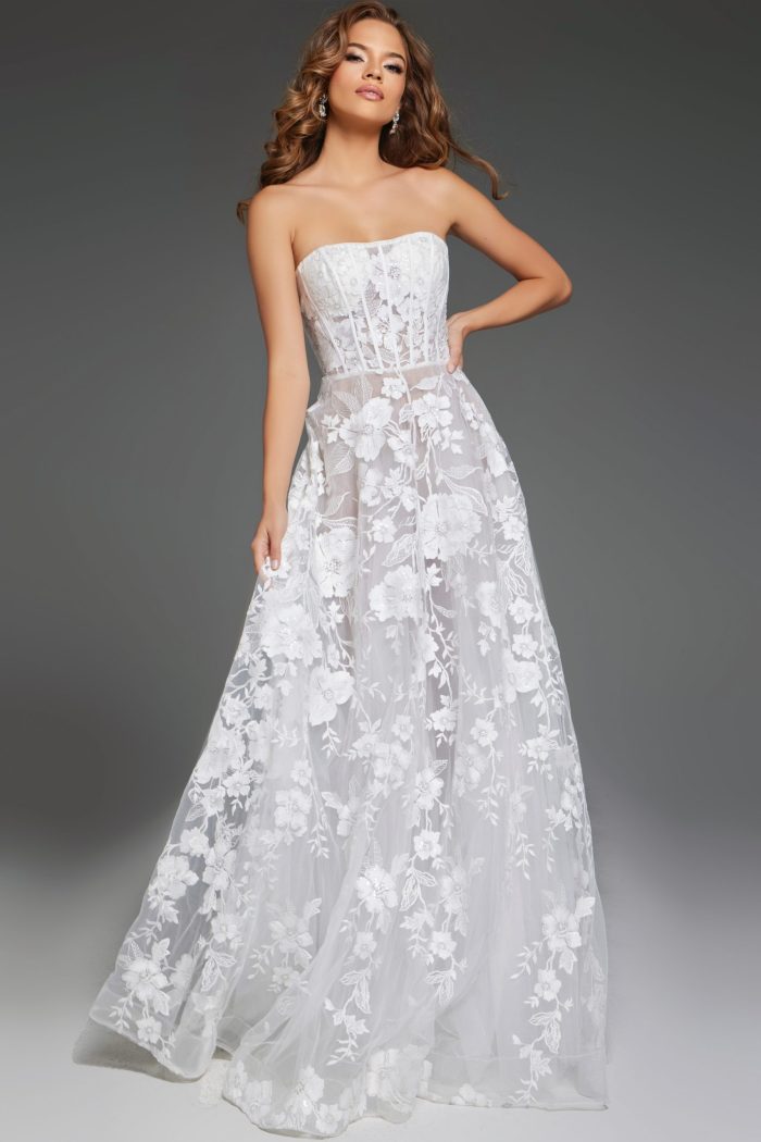 Jovani JB42148 A Line Bridal Gown Long Floral Wedding Dress