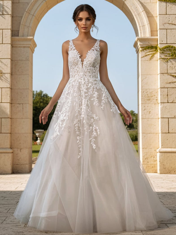 V-Neck Floor-Length Tulle Wedding A-Line Bridal Gown Jovani JB42323