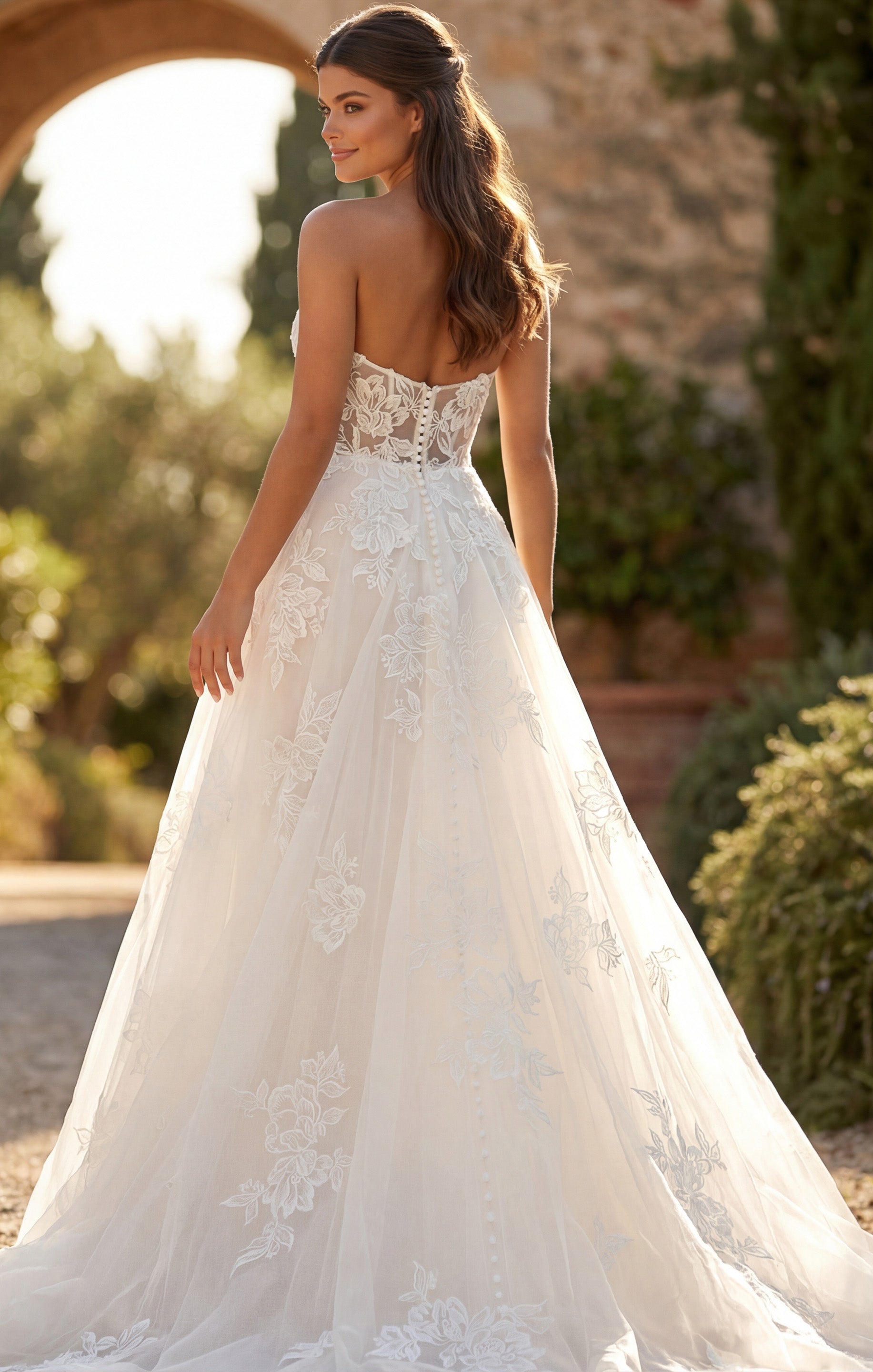 Ivory/Nude Deep V-Neck Floor-Length Tulle Bridal A-Line Gown with Floral Appliqué Jovani JB43191