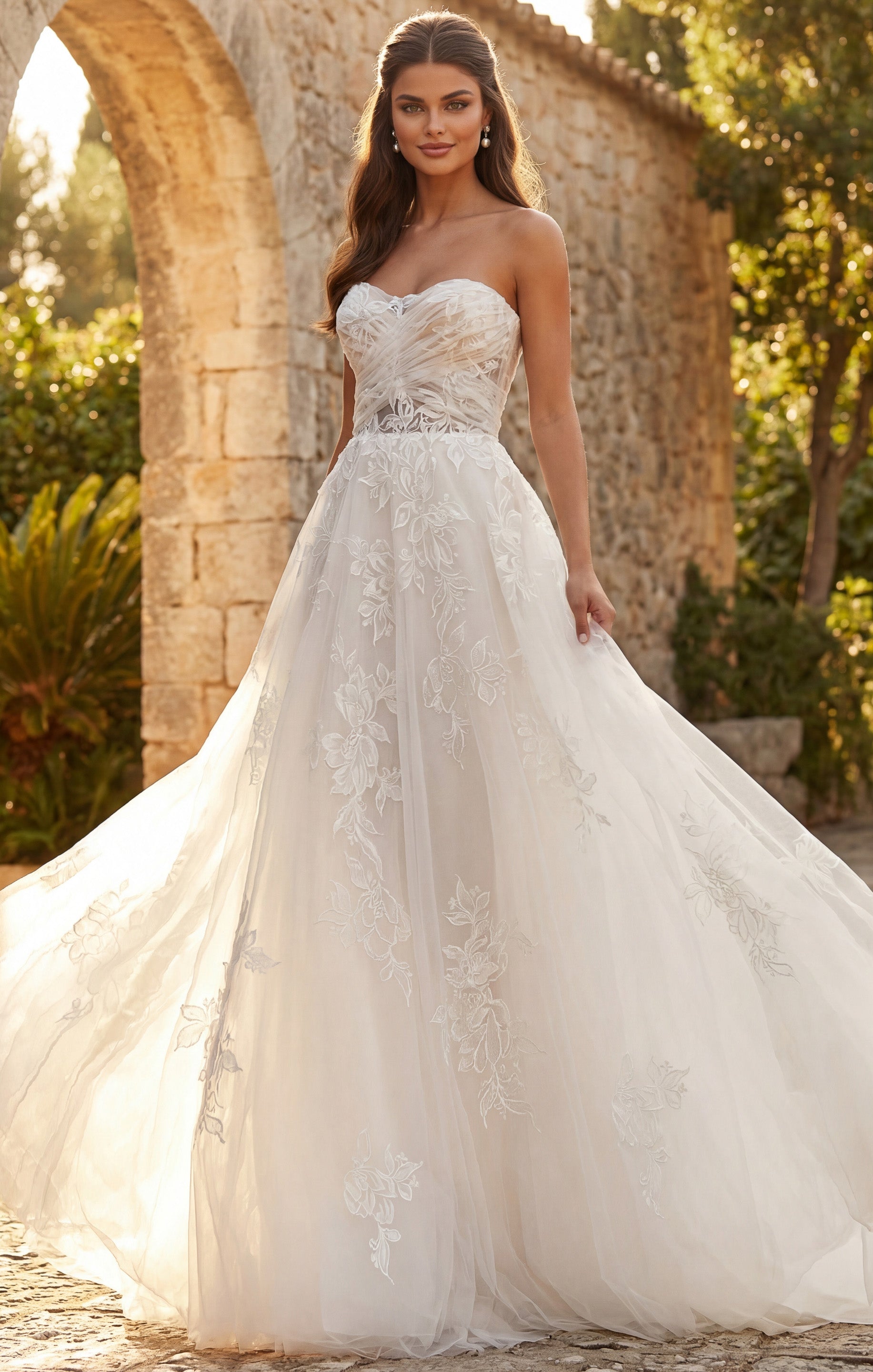 Ivory/Nude Deep V-Neck Floor-Length Tulle Bridal A-Line Gown with Floral Appliqué Jovani JB43191