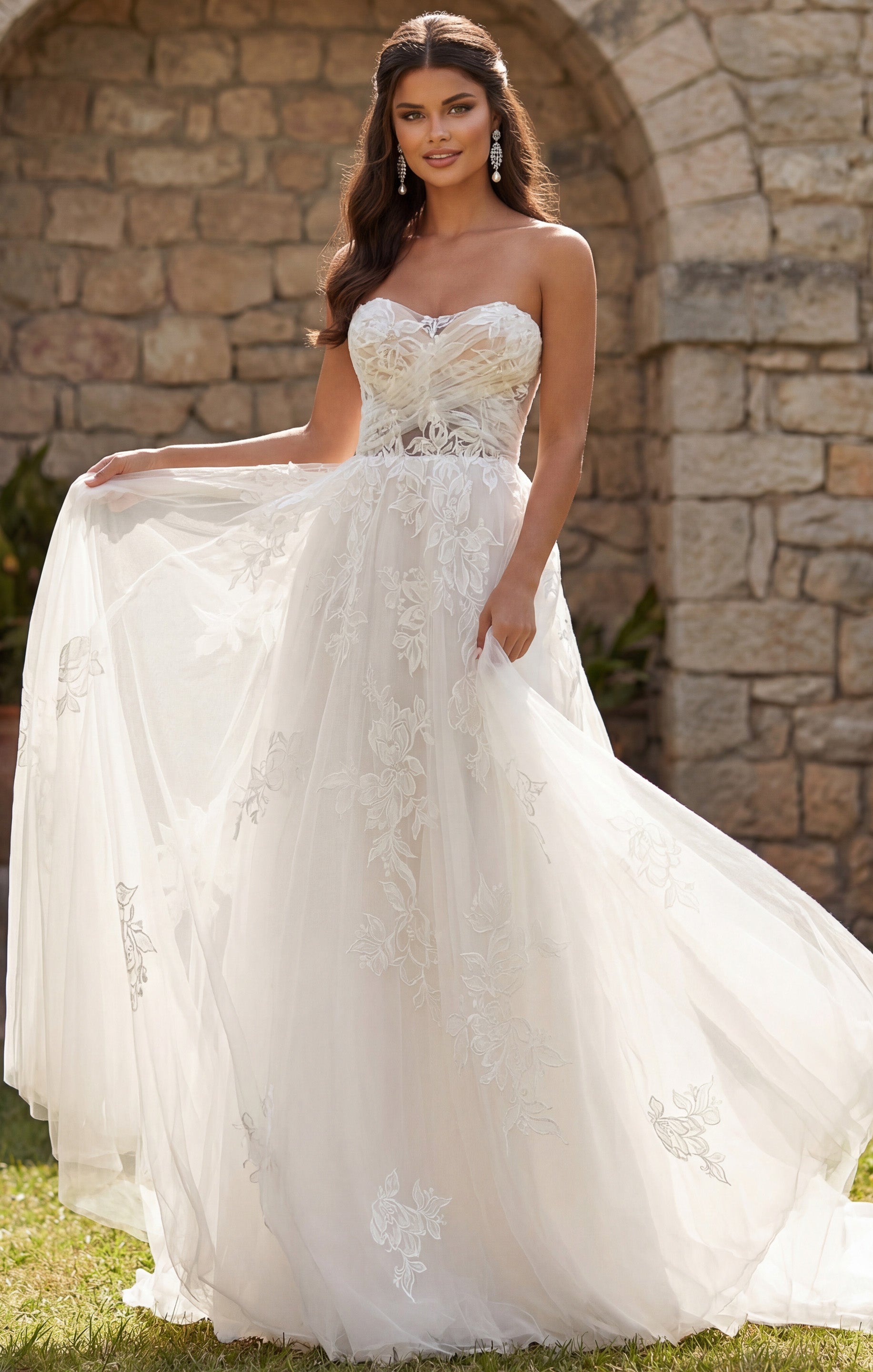 Ivory/Nude Deep V-Neck Floor-Length Tulle Bridal A-Line Gown with Floral Appliqué Jovani JB43191