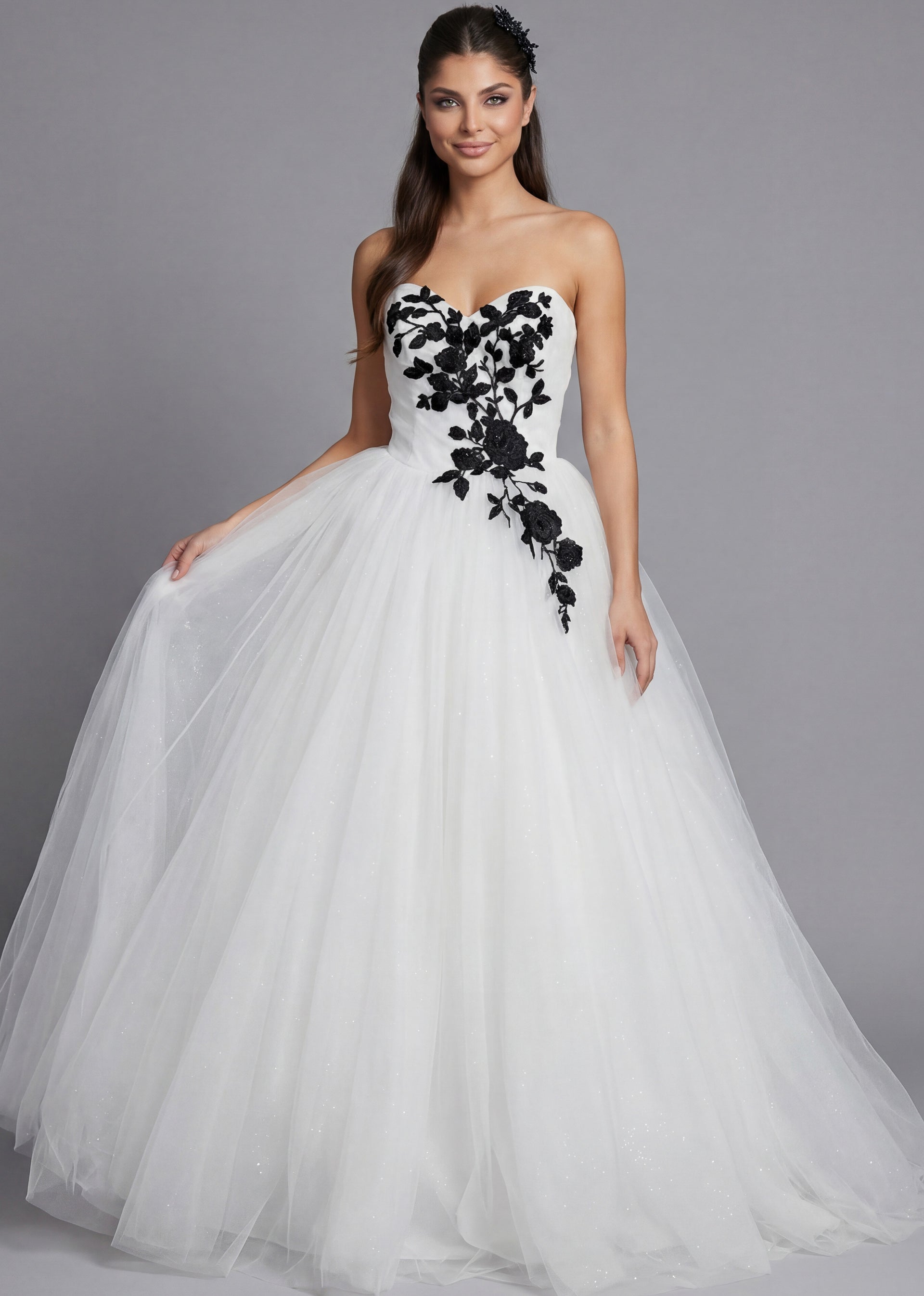 Ivory/Black Strapless Floor-Length Tulle Wedding Ball Gown with Floral Appliqué Jovani JB43233