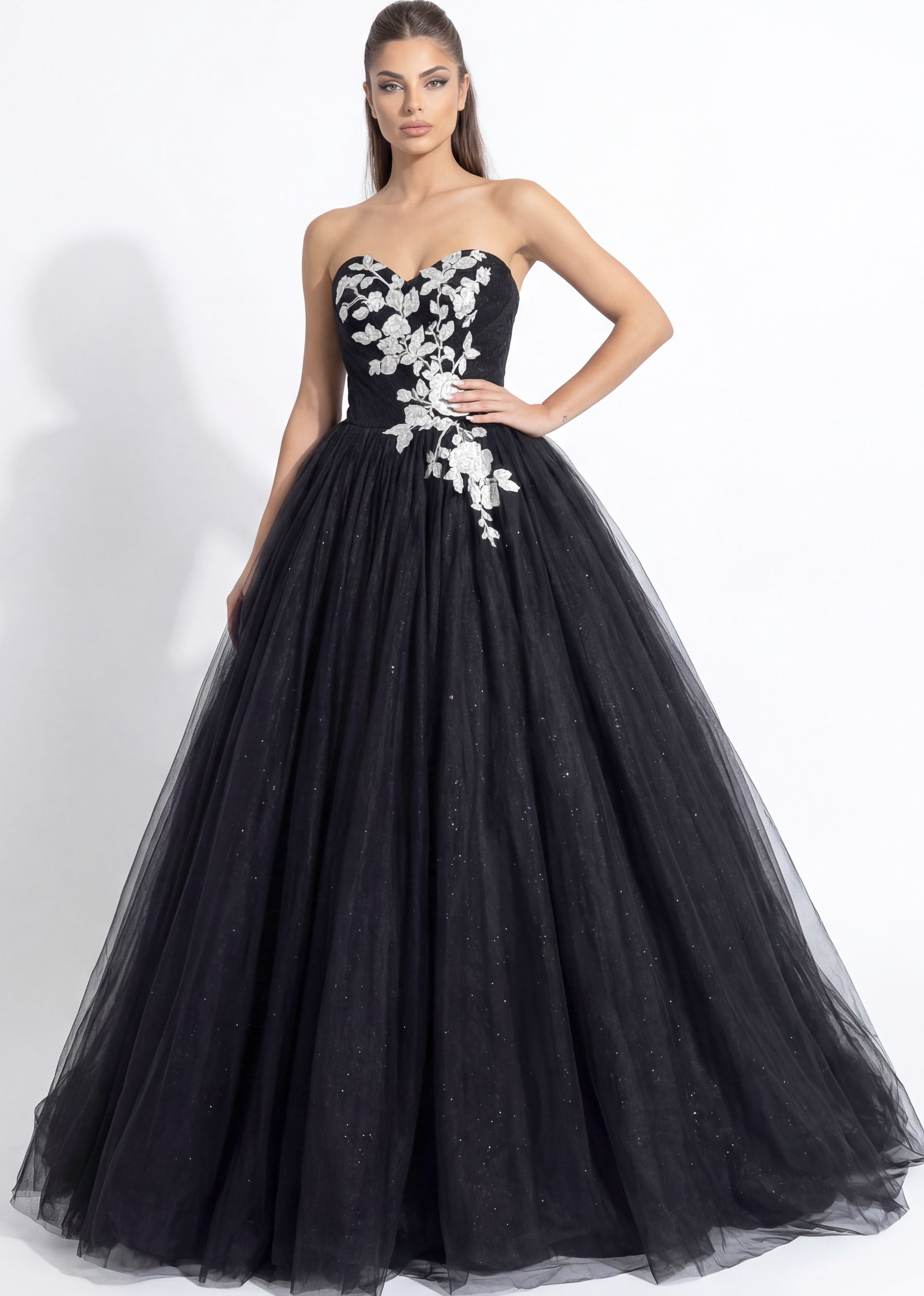 Black/Ivory Strapless Floor-Length Tulle Wedding Ball Gown with Floral Appliqué Jovani JB43233