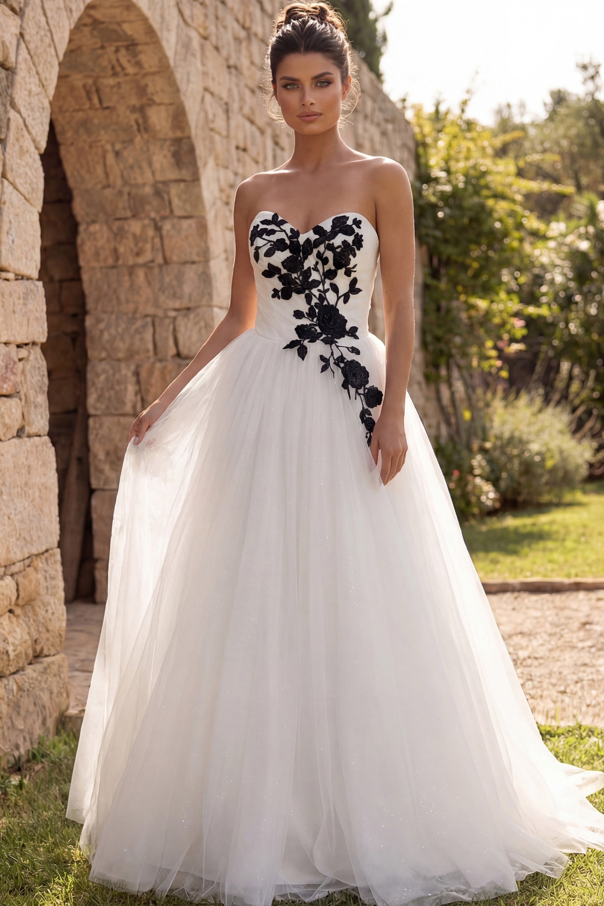 Ivory/Black Strapless Floor-Length Tulle Wedding Ball Gown with Floral Appliqué Jovani JB43233