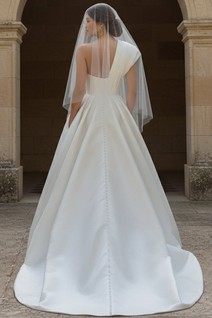 One-Shoulder Floor-Length Mikado Bridal A-Line Gown Jovani JB43278