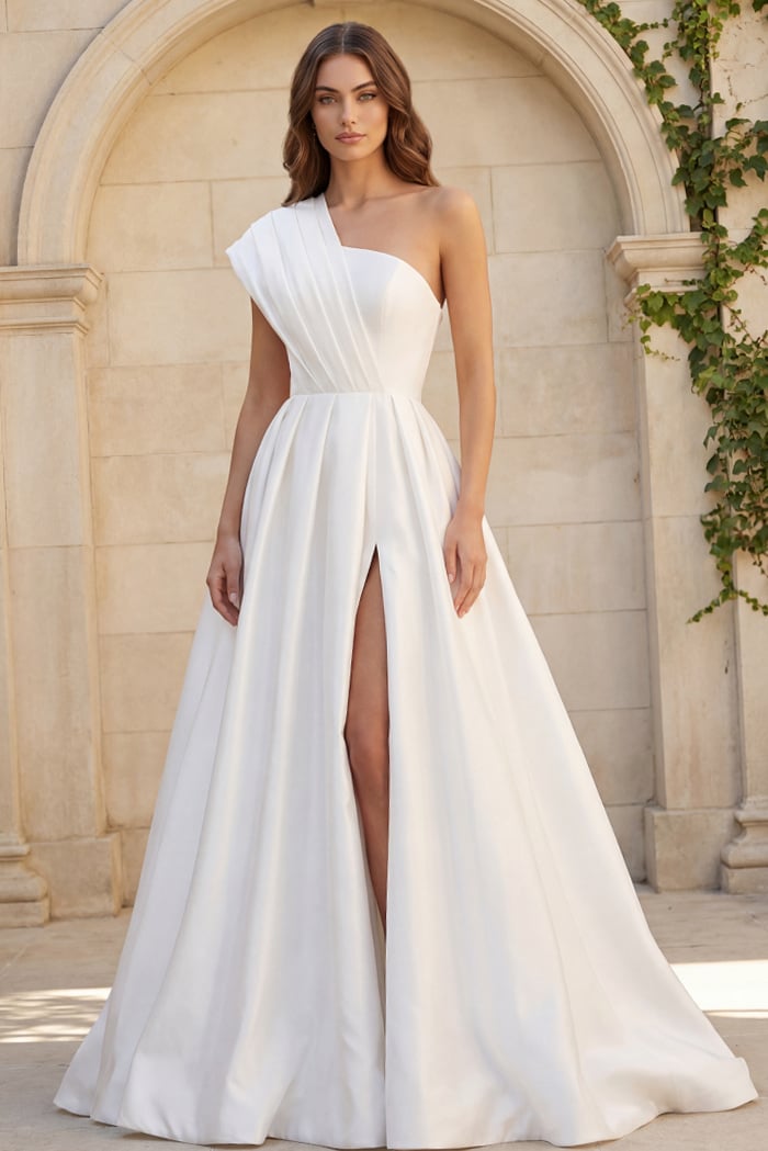 One-Shoulder Floor-Length Mikado Bridal A-Line Gown Jovani JB43278