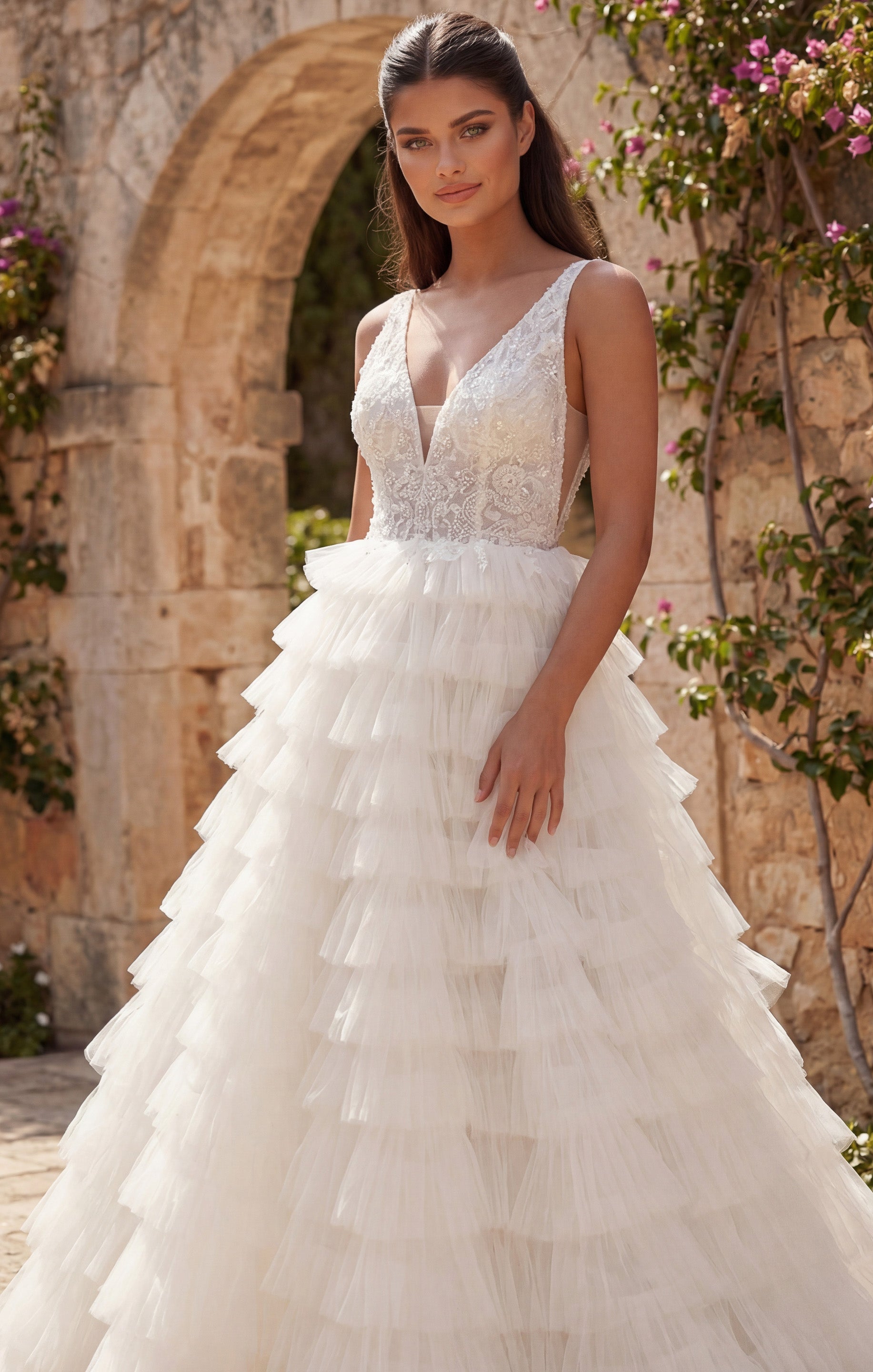Ivory/Sand Deep V-Neck Floor-Length Tulle Bridal Ball Gown with Tiered Ruffle Skirt Jovani JB43318
