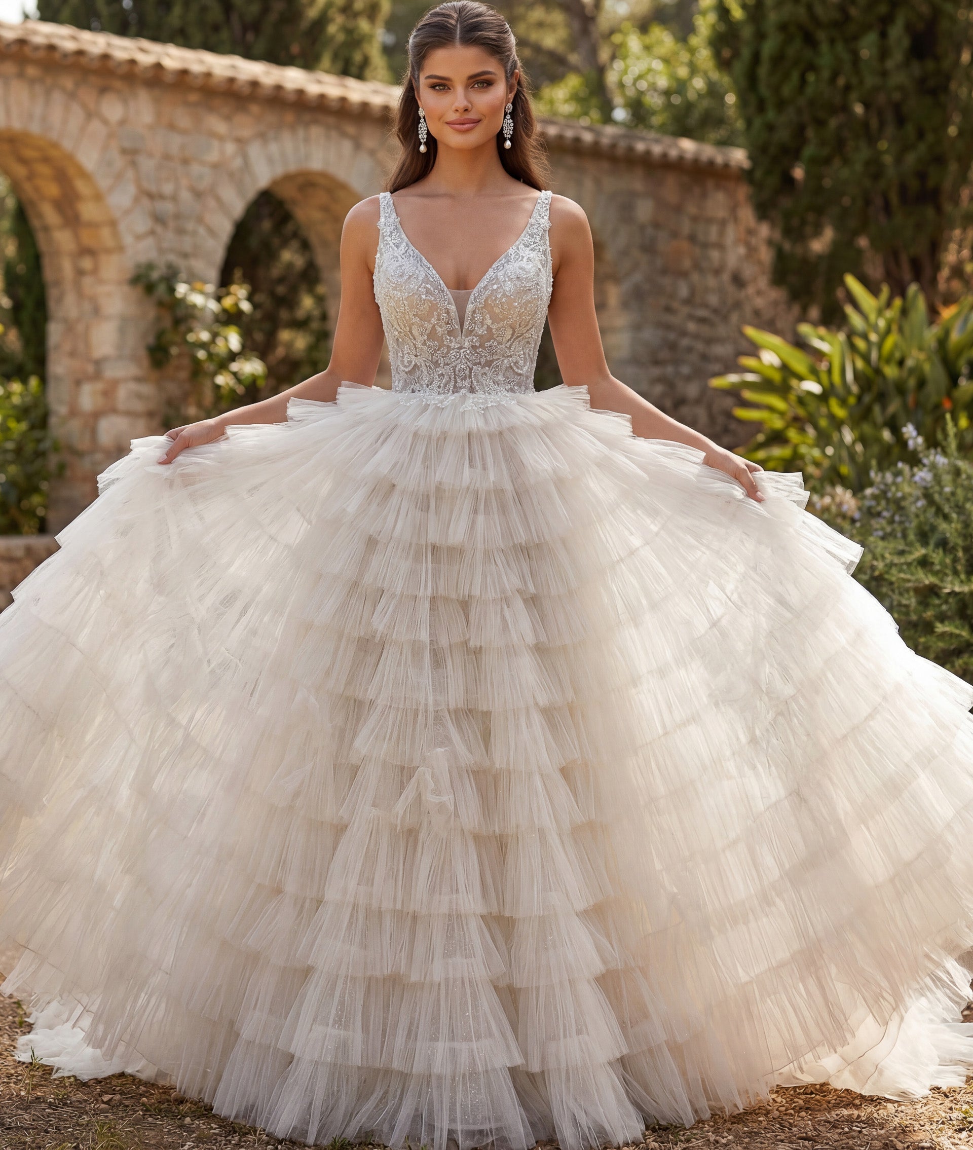 Ivory/Sand Deep V-Neck Floor-Length Tulle Bridal Ball Gown with Tiered Ruffle Skirt Jovani JB43318