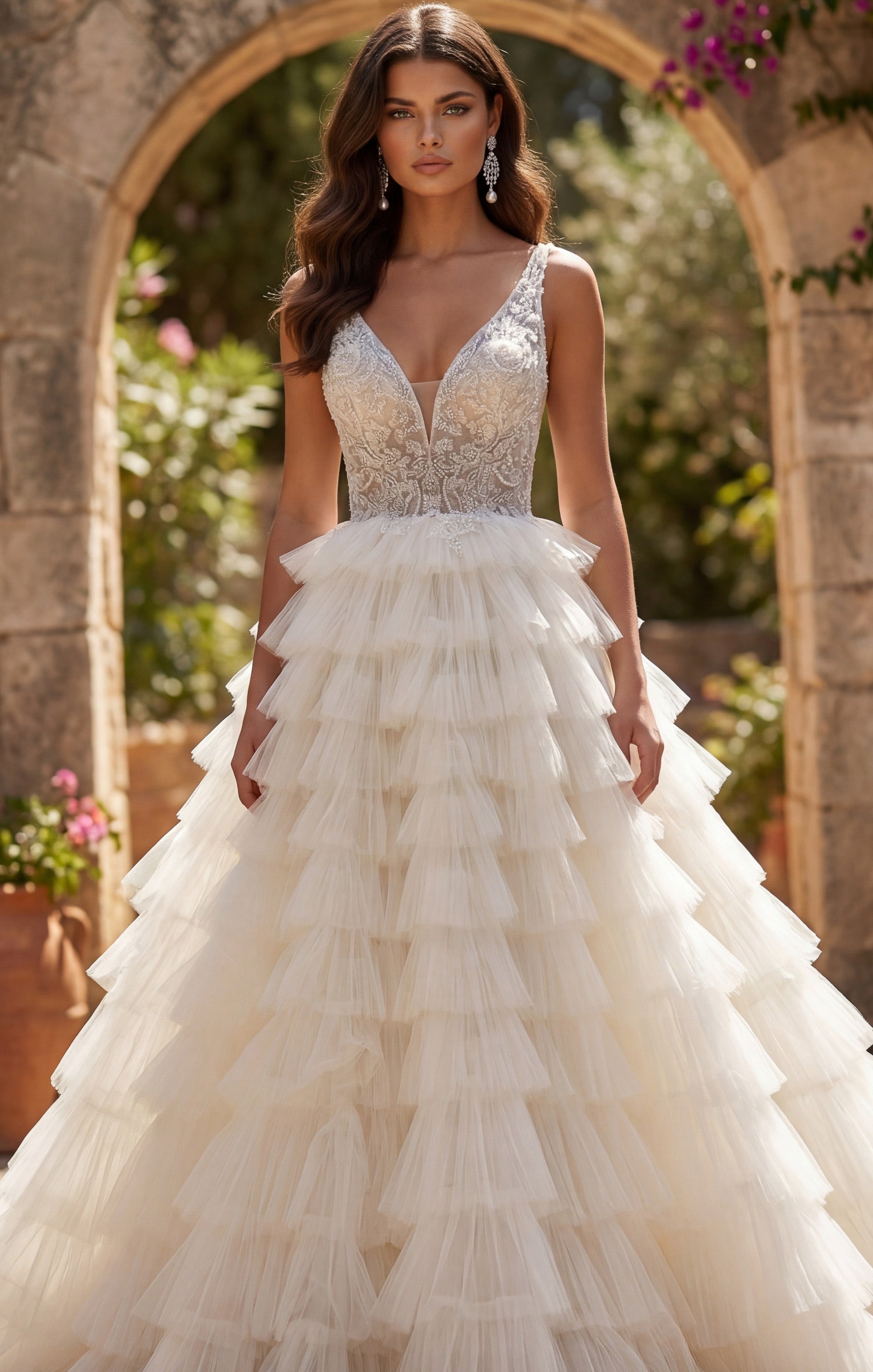 Ivory/Sand Deep V-Neck Floor-Length Tulle Bridal Ball Gown with Tiered Ruffle Skirt Jovani JB43318