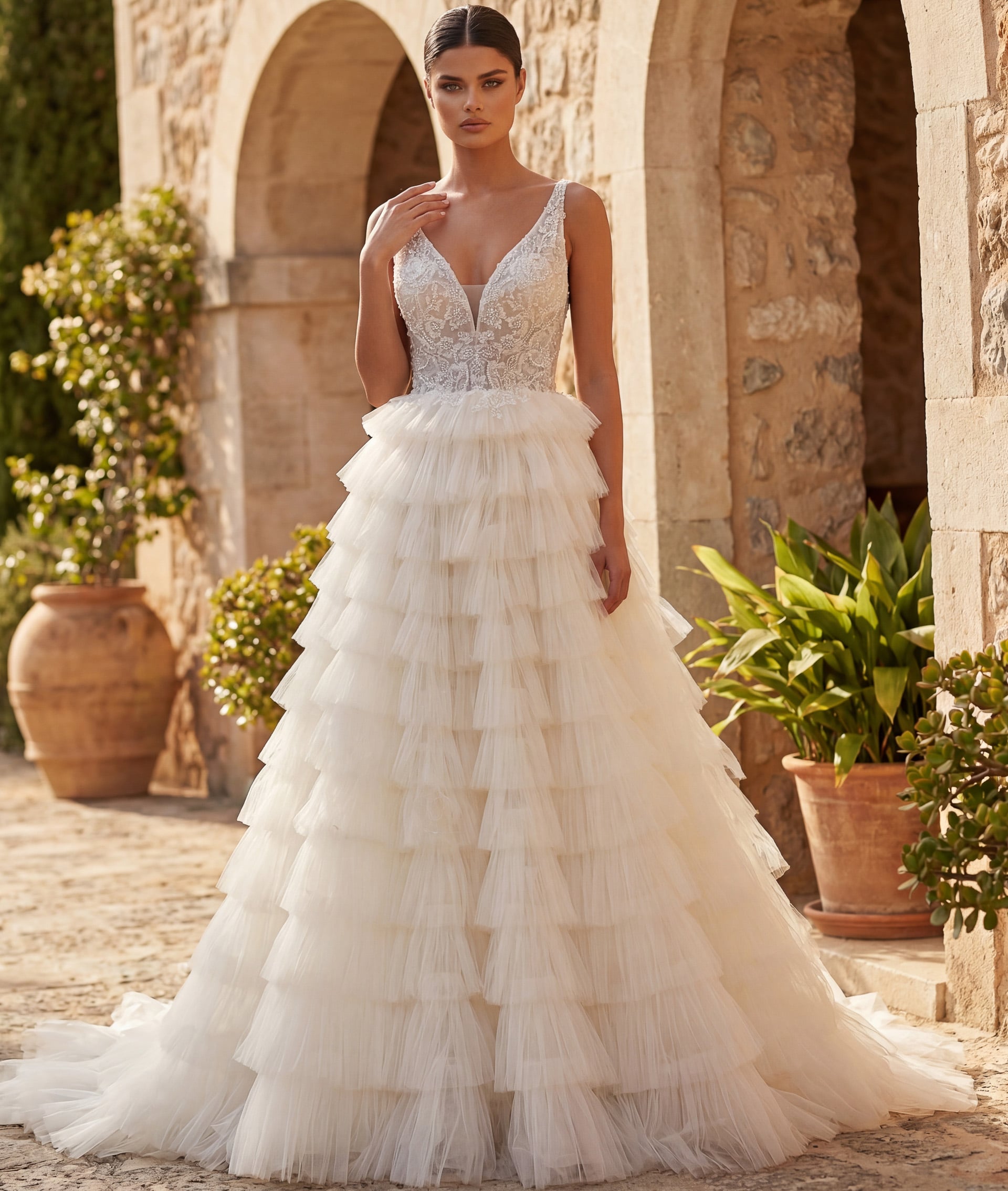 Ivory/Sand Deep V-Neck Floor-Length Tulle Bridal Ball Gown with Tiered Ruffle Skirt Jovani JB43318