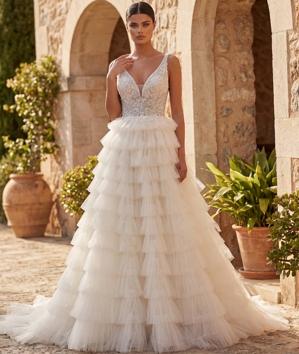 Deep V-Neck Floor-Length Tulle Bridal Ball Gown with Tiered Ruffle Skirt Jovani JB43318