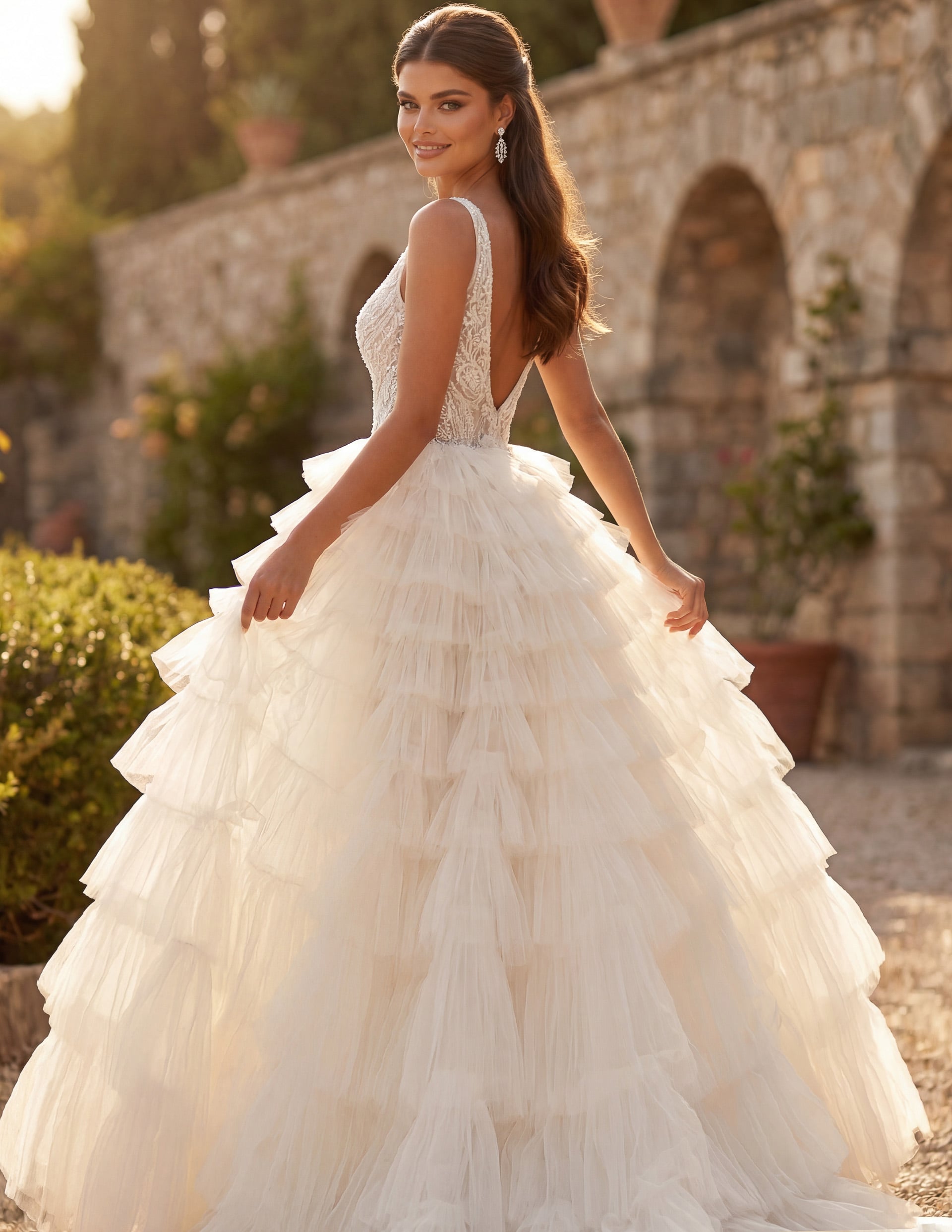 Ivory/Sand Deep V-Neck Floor-Length Tulle Bridal Ball Gown with Tiered Ruffle Skirt Jovani JB43318