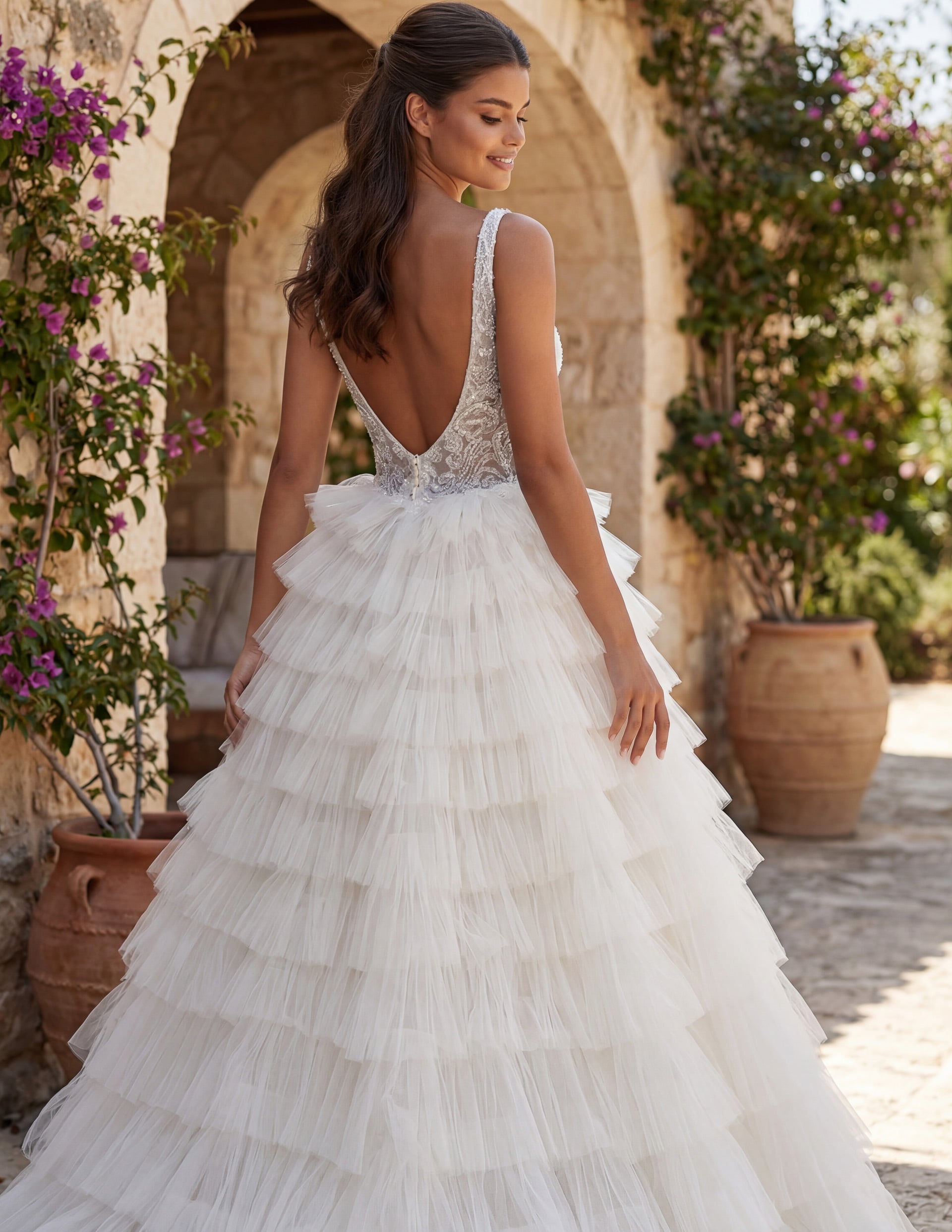 Ivory/Sand Deep V-Neck Floor-Length Tulle Bridal Ball Gown with Tiered Ruffle Skirt Jovani JB43318