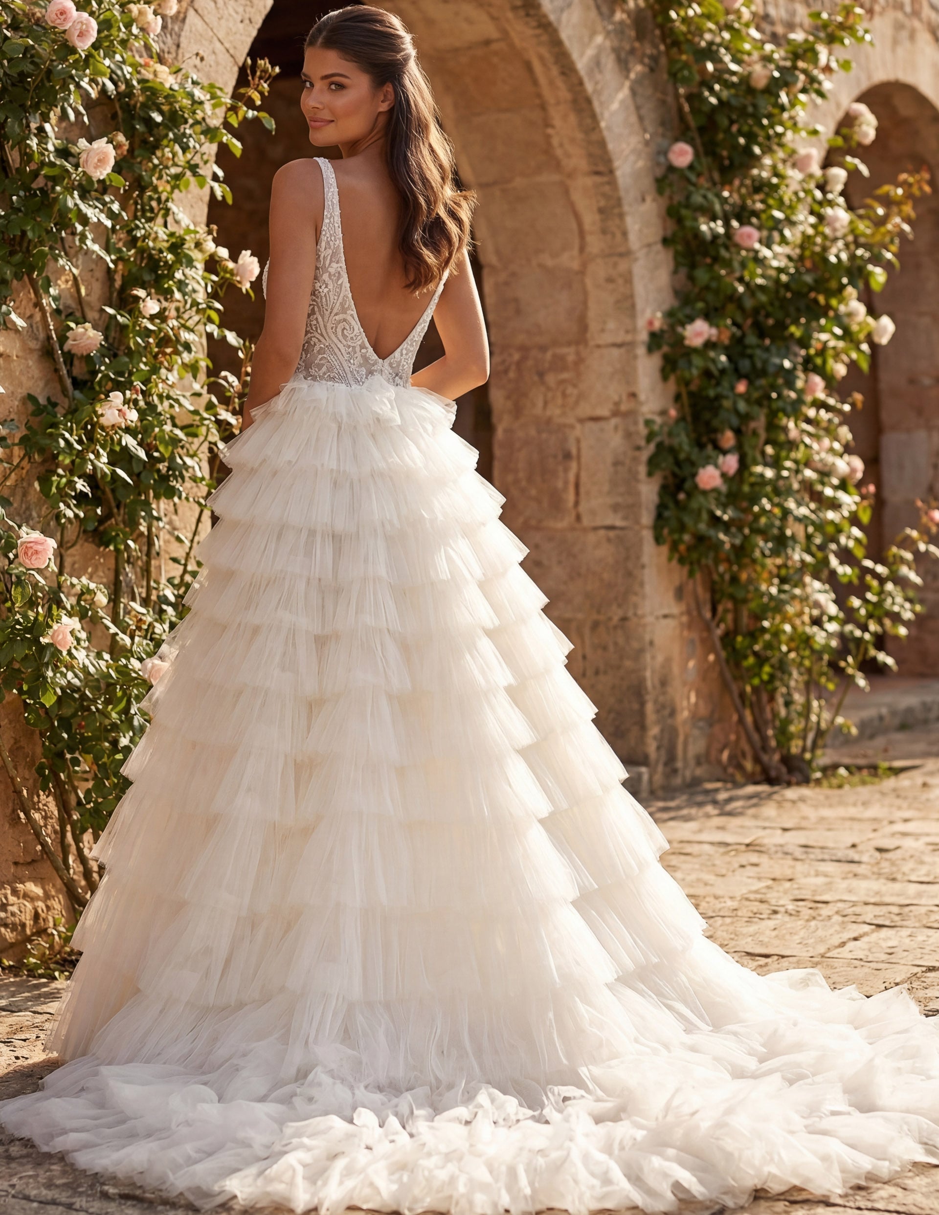 Ivory/Sand Deep V-Neck Floor-Length Tulle Bridal Ball Gown with Tiered Ruffle Skirt Jovani JB43318