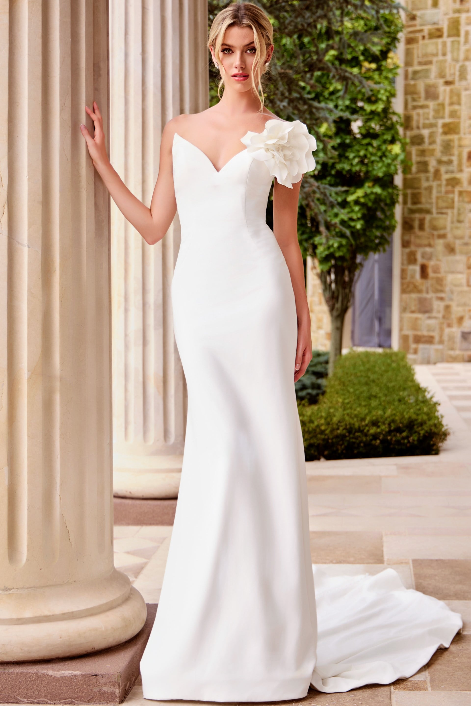 One-Shoulder Floor-Length Crepe Wedding Mermaid Gown Jovani JB43815
