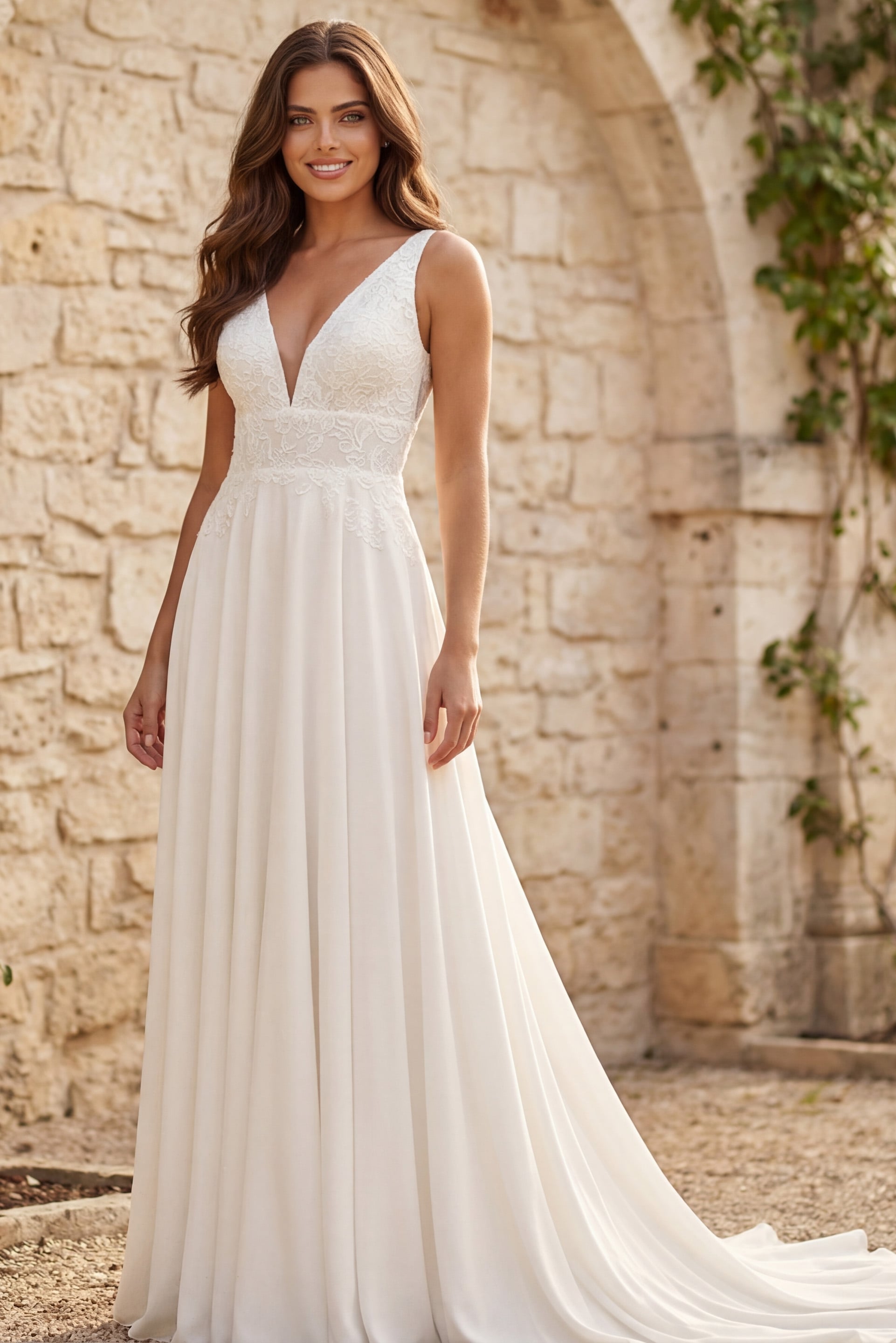 V-Neck Floor-Length Chiffon Wedding A-Line Gown Jovani JB43905