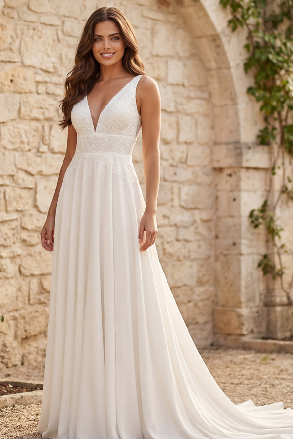 V-Neck Floor-Length Chiffon Wedding A-Line Gown Jovani JB43905