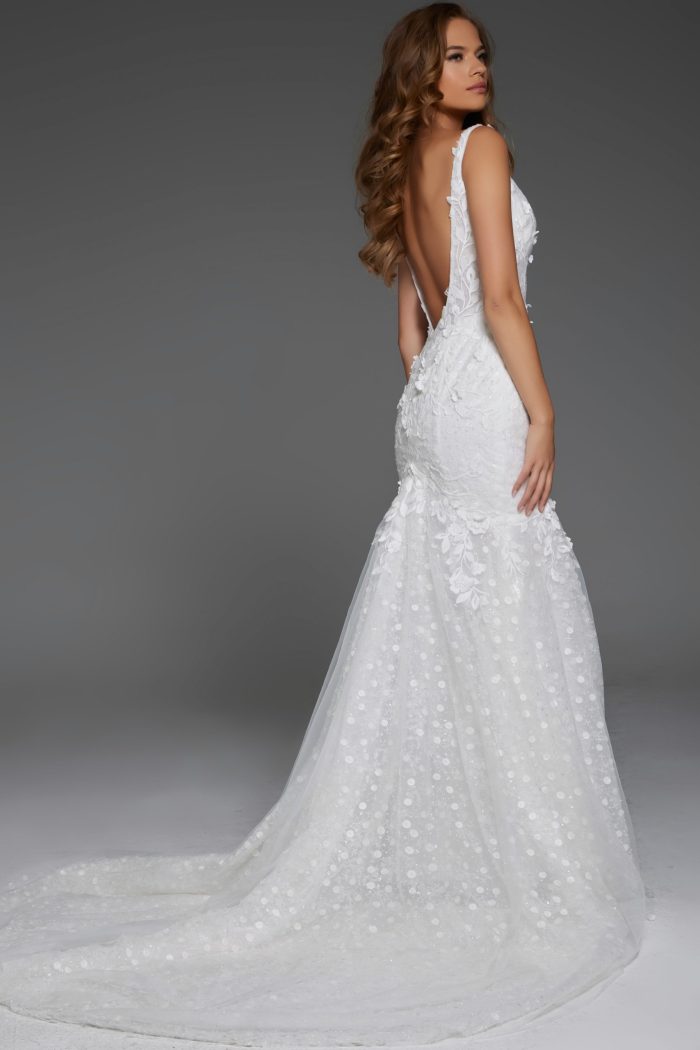 Jovani JB43961 Floral Lace Bridal Gown Long V Neck Wedding Dress