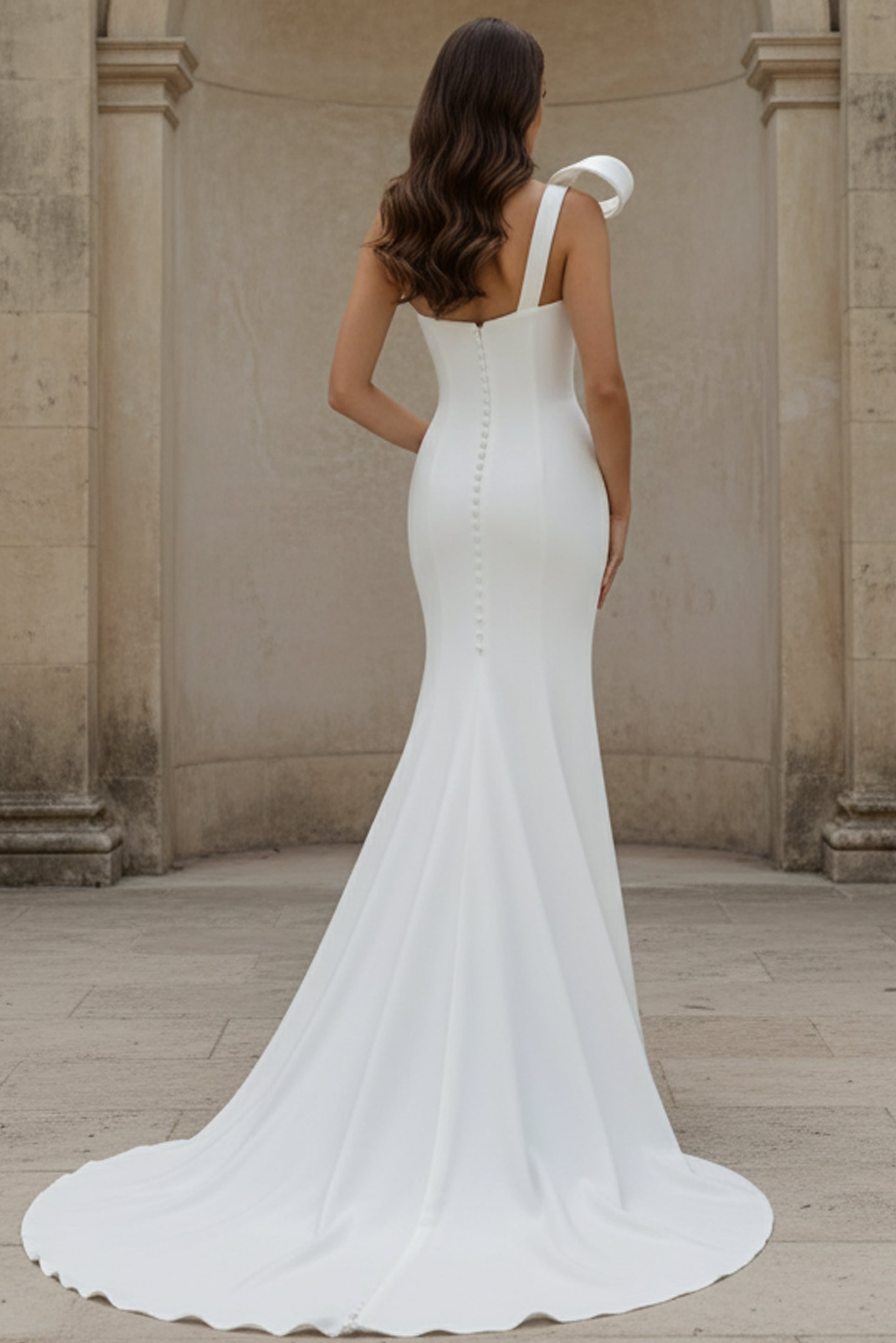 One-Shoulder Floor-Length Crepe Wedding Mermaid Gown Jovani JB43969