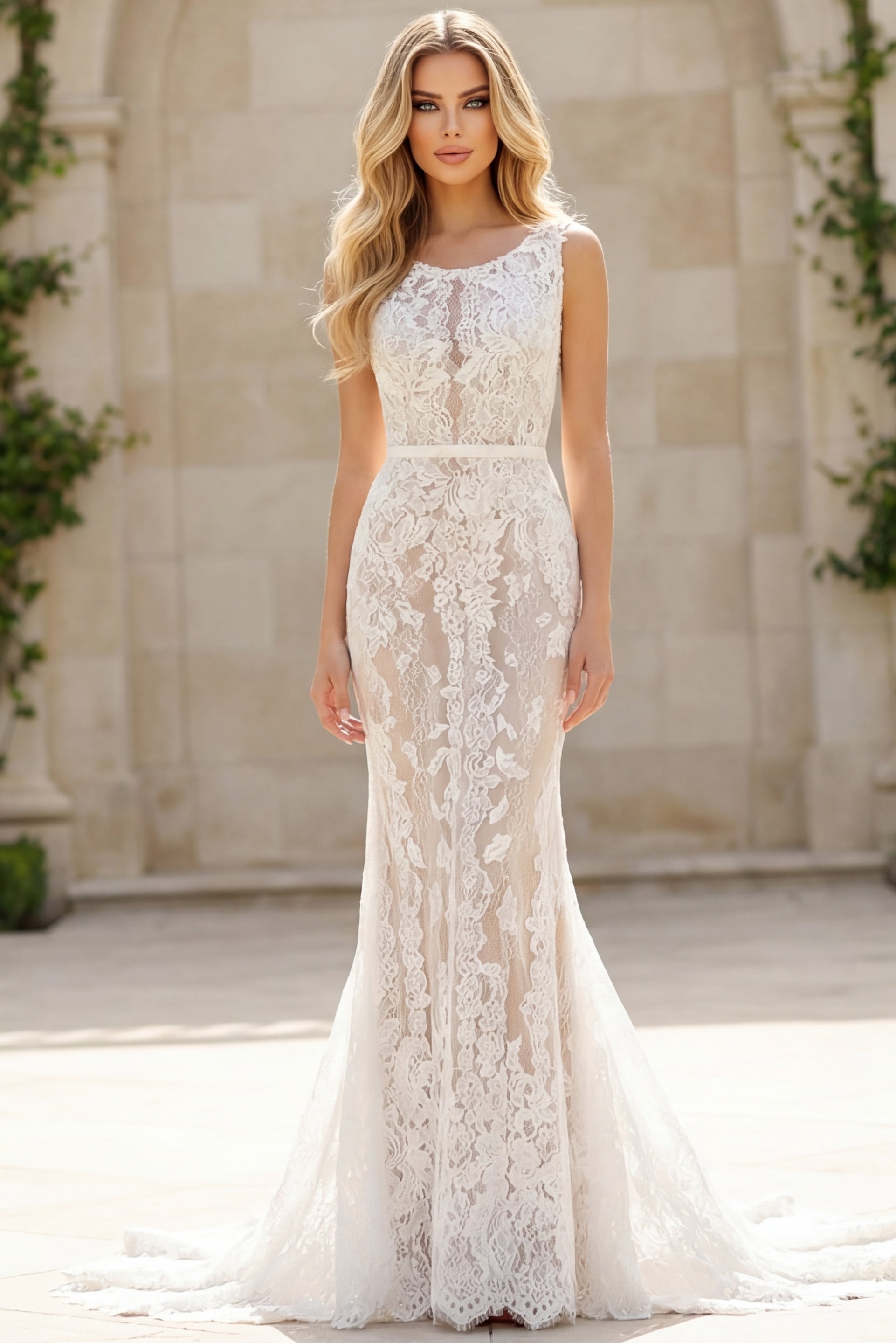Bateau Floor-Length Lace Wedding Mermaid Gown Jovani JB44597