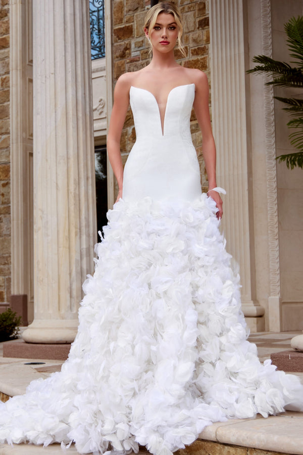Deep V-Neck Floor-Length Crepe Wedding Mermaid Gown Jovani JB45121