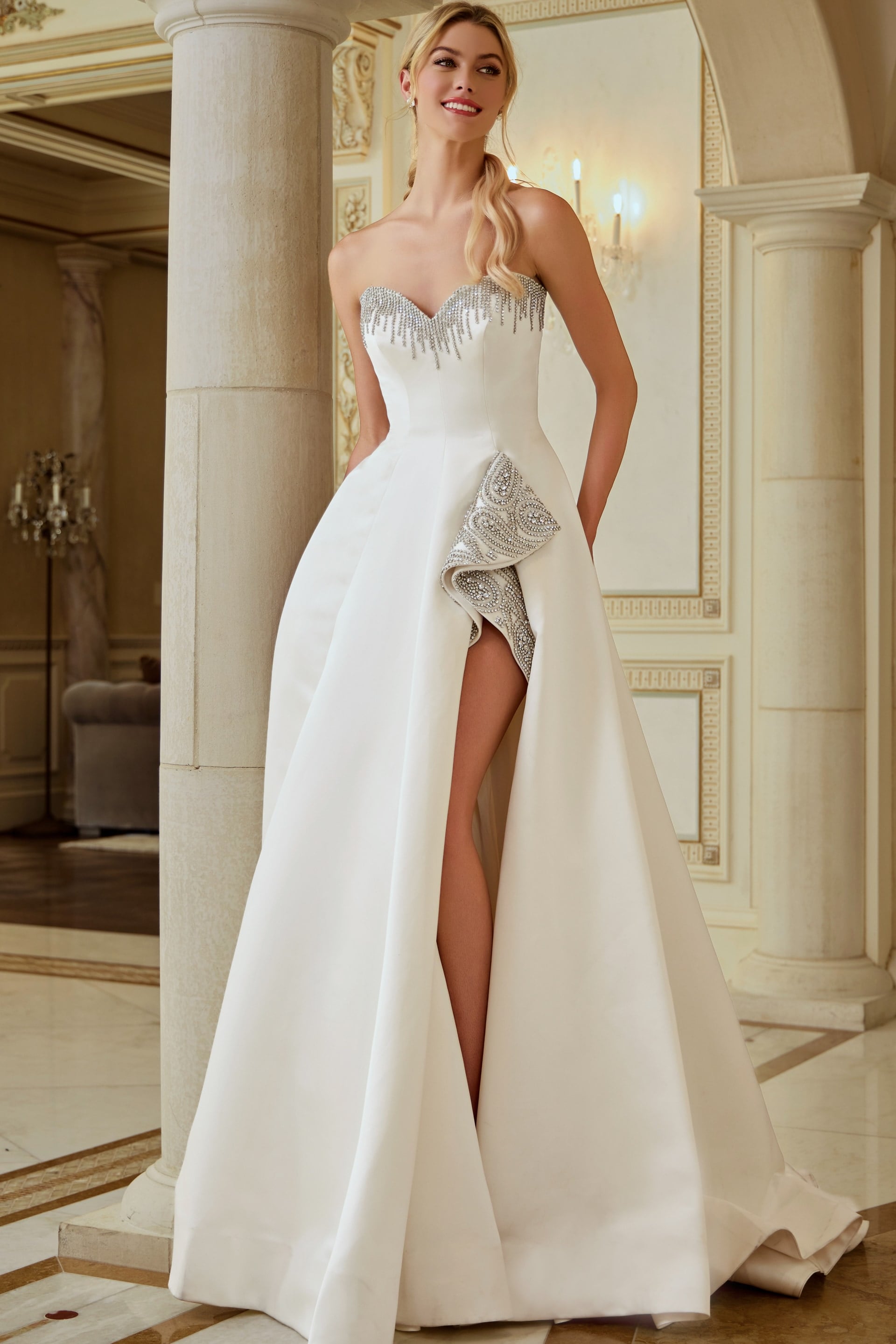 Strapless Floor-Length Mikado Bridal A-Line Gown Jovani JB45132