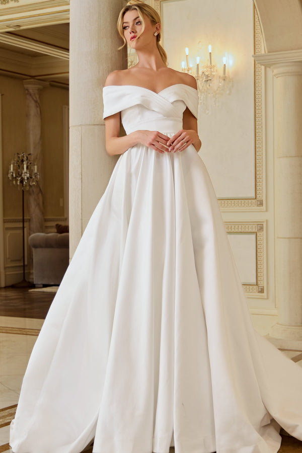 Off-the-Shoulder Floor-Length Satin Wedding Ball Gown Jovani JB45169