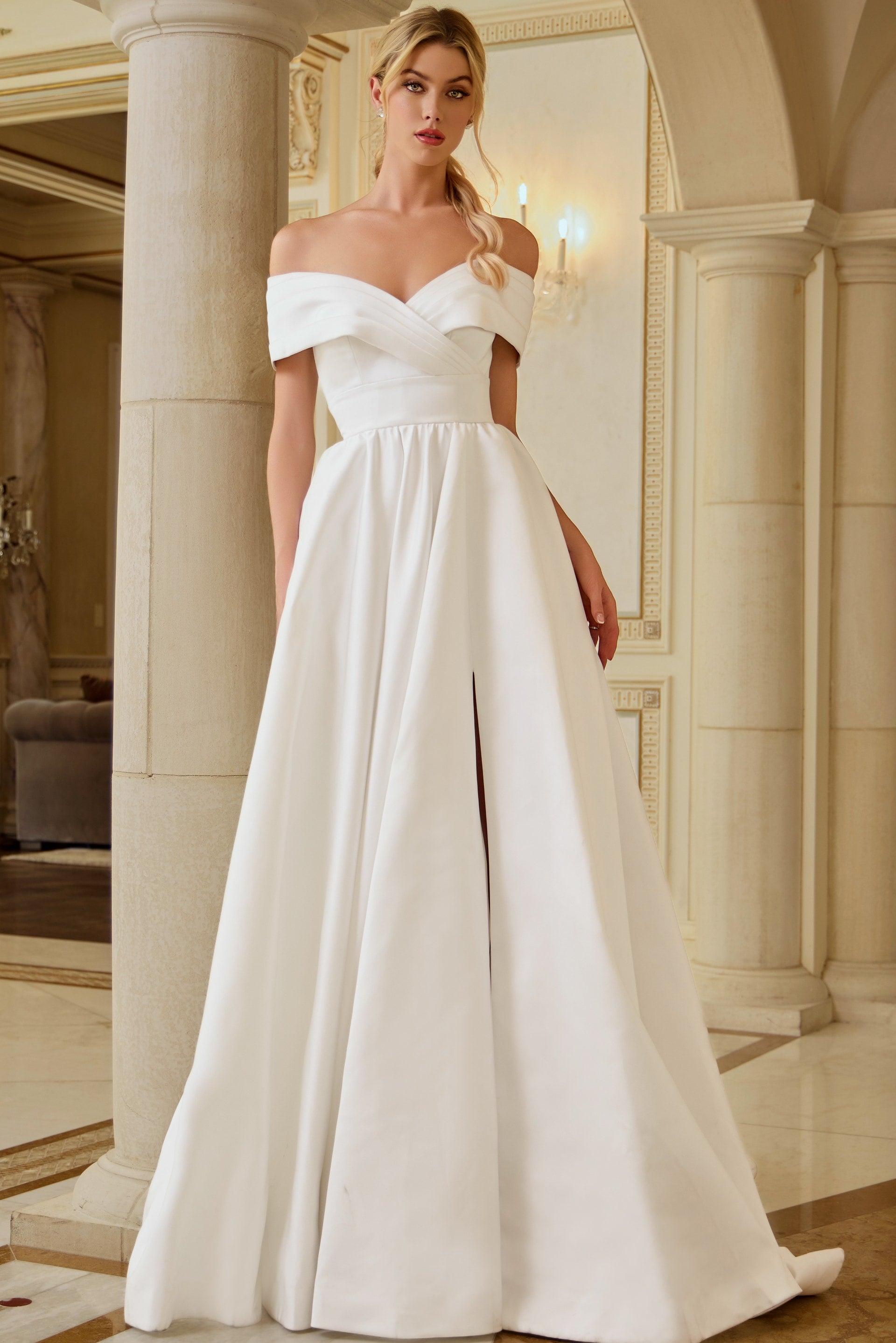 Off-the-Shoulder Floor-Length Satin Wedding Ball Gown Jovani JB45169