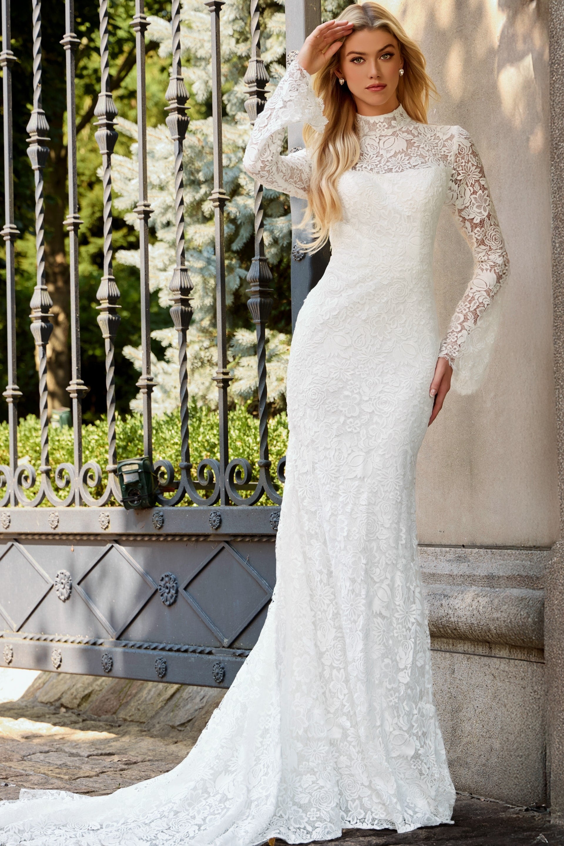 Crew/High-Neck Floor-Length Lace Wedding Mermaid/Trumpet Jovani JB45767
