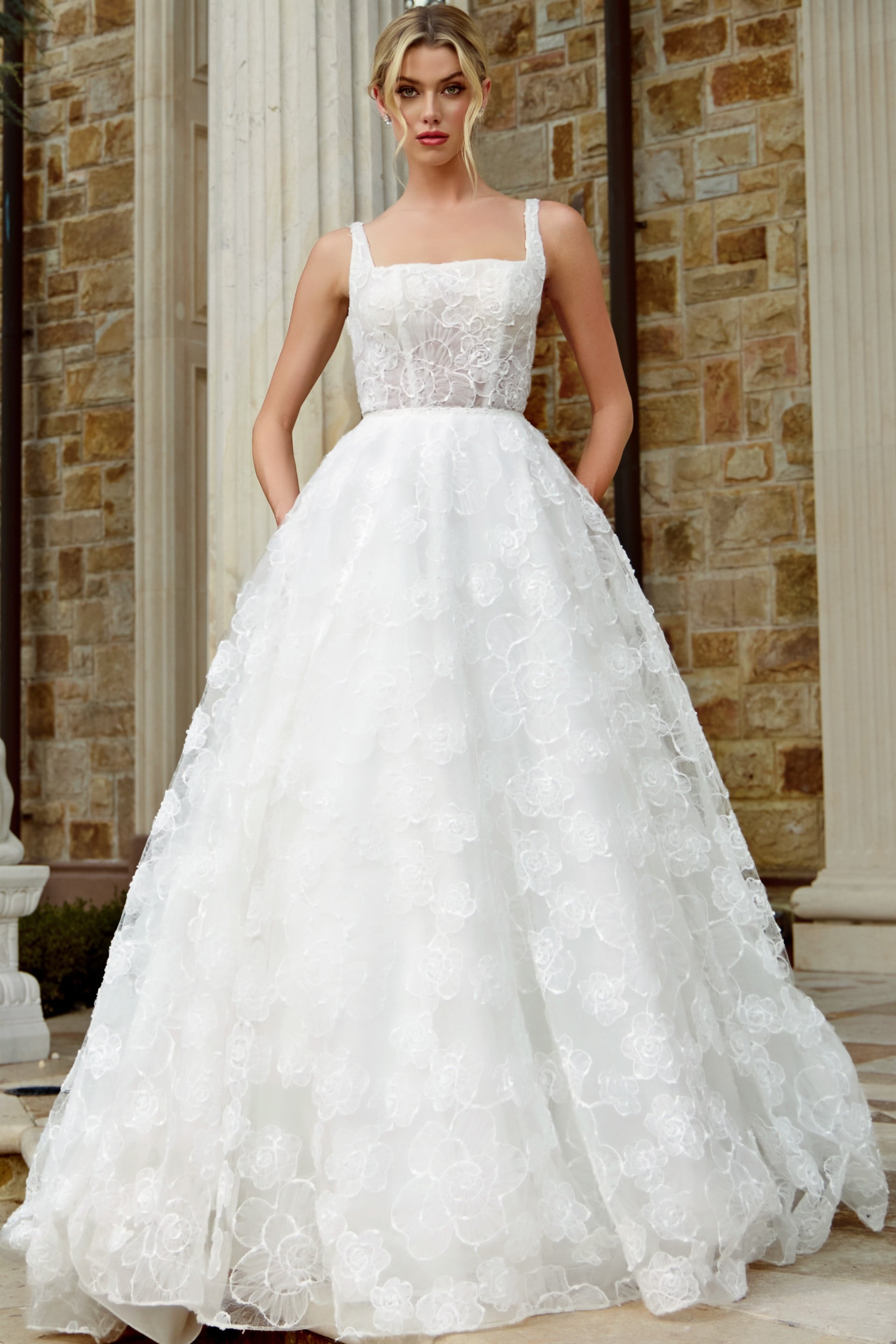 Square Neck Floor-Length Lace Bridal Ball Gown Jovani JB45834